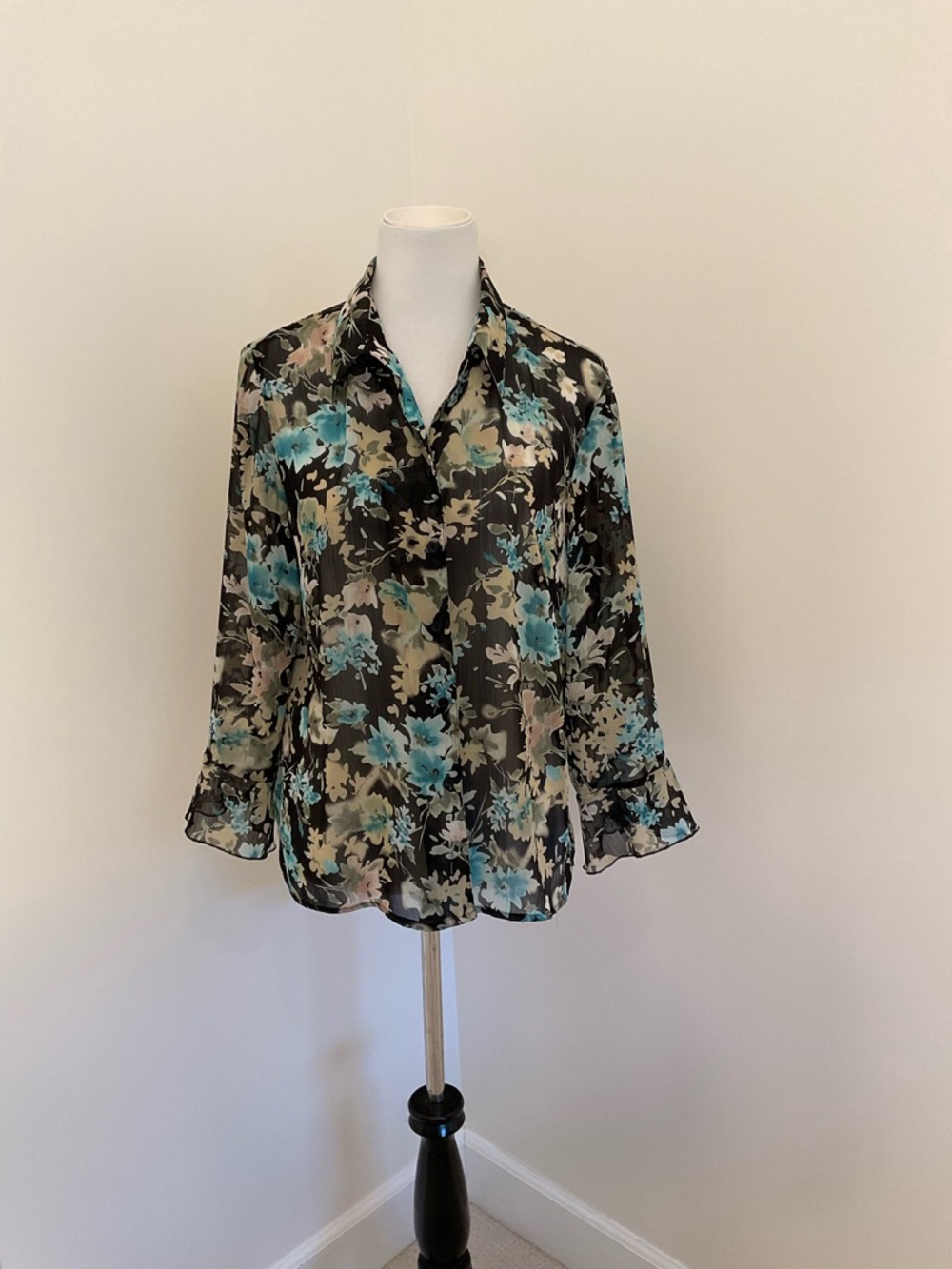 Notations Black Floral Tunic Blouse with Teal Blue and Cream Accents